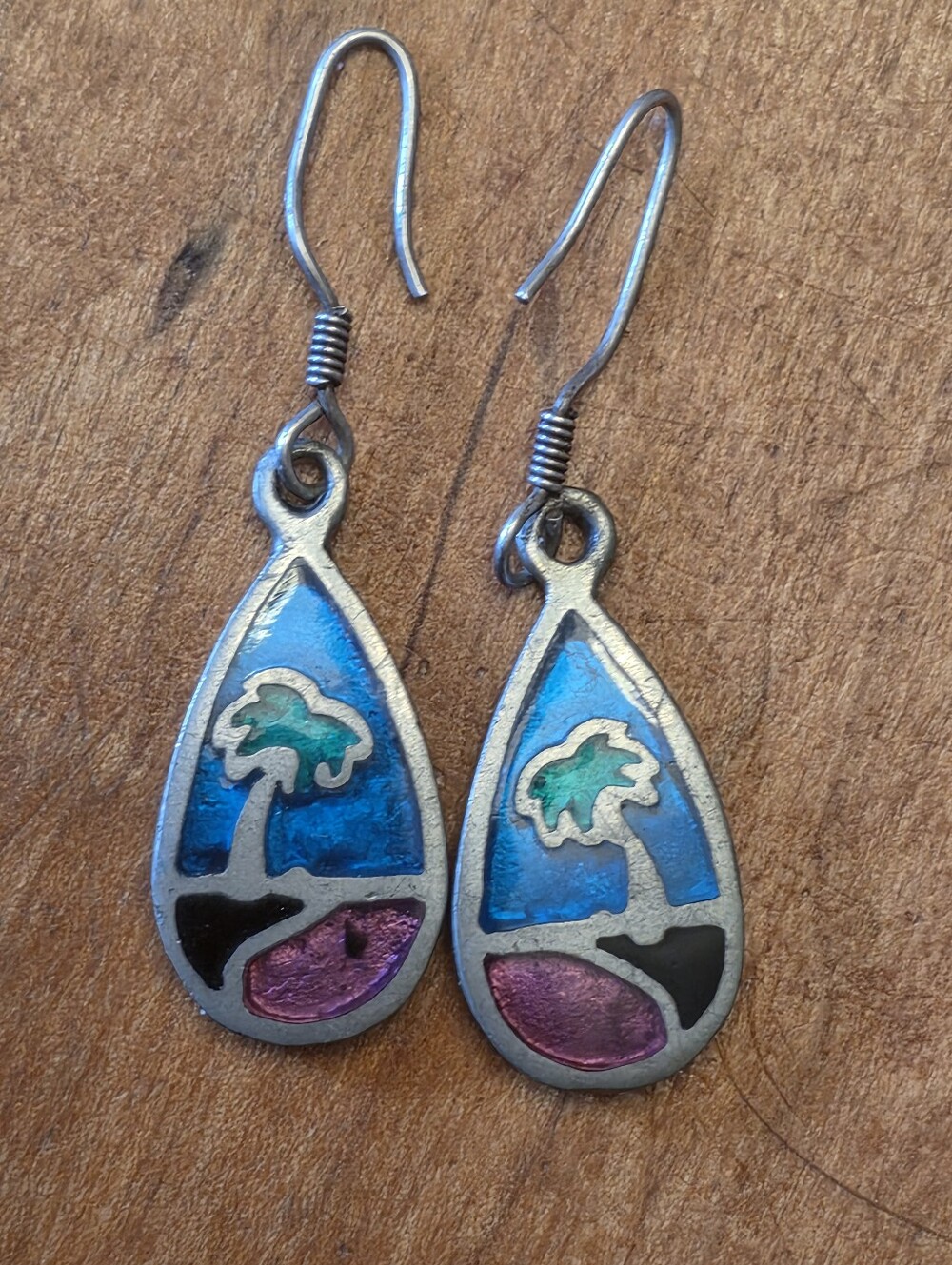 Hawaiian Beach Scene Alpaca Mexican Silver Dangle Hook Earrings